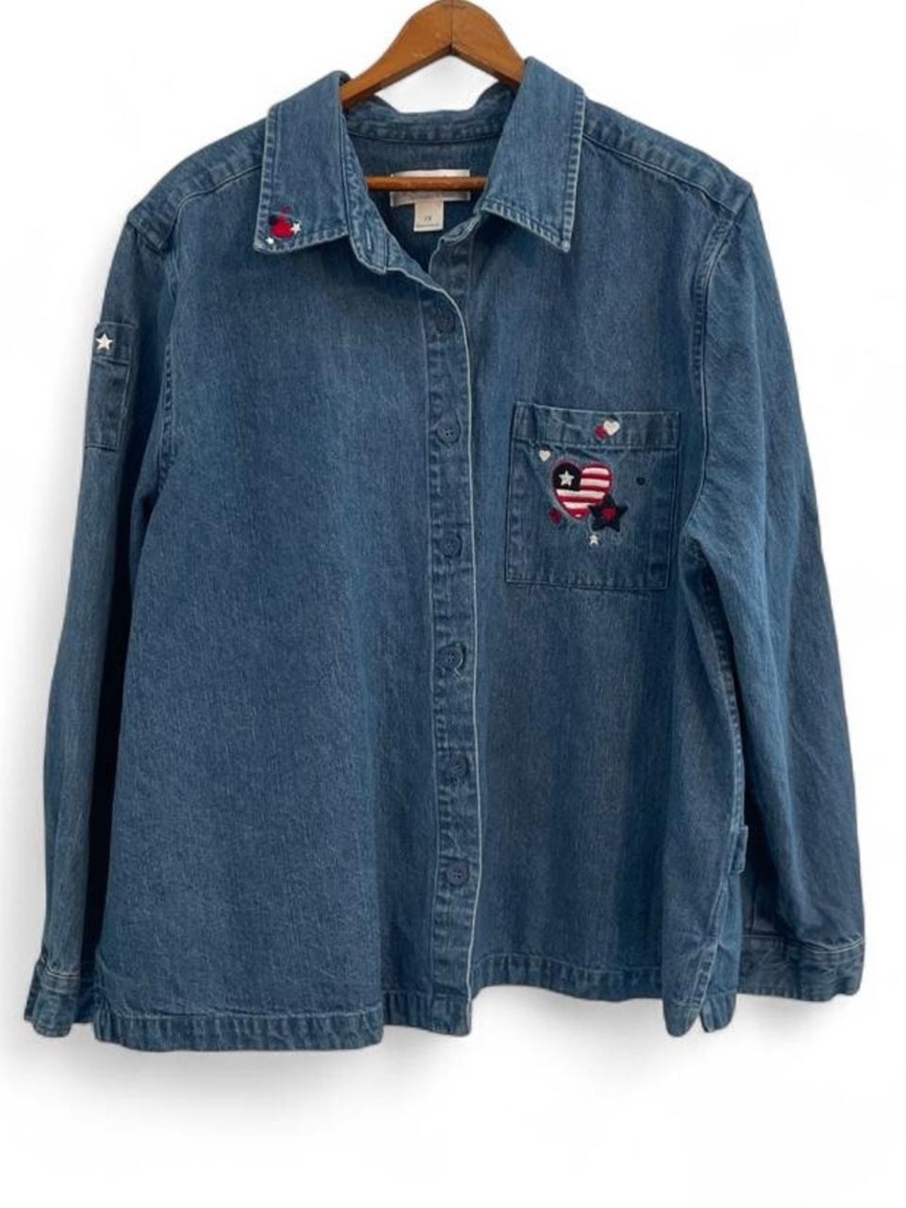 CJ Banks Women's 1X Vintage y2k Americana Patriotic Denim Shacket Button Shirt